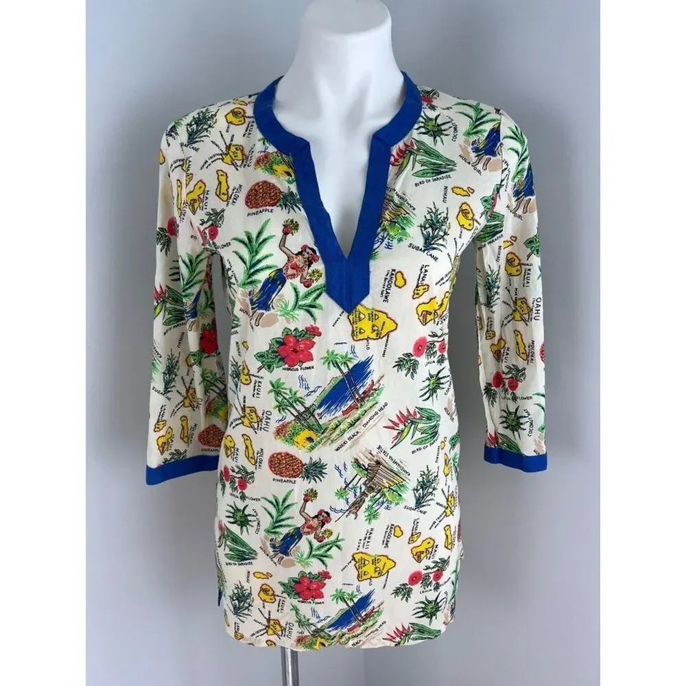J.Crew Hawaiian Print Cotton Tunic Top Cover Up XS Tropical Beach Pineapple
